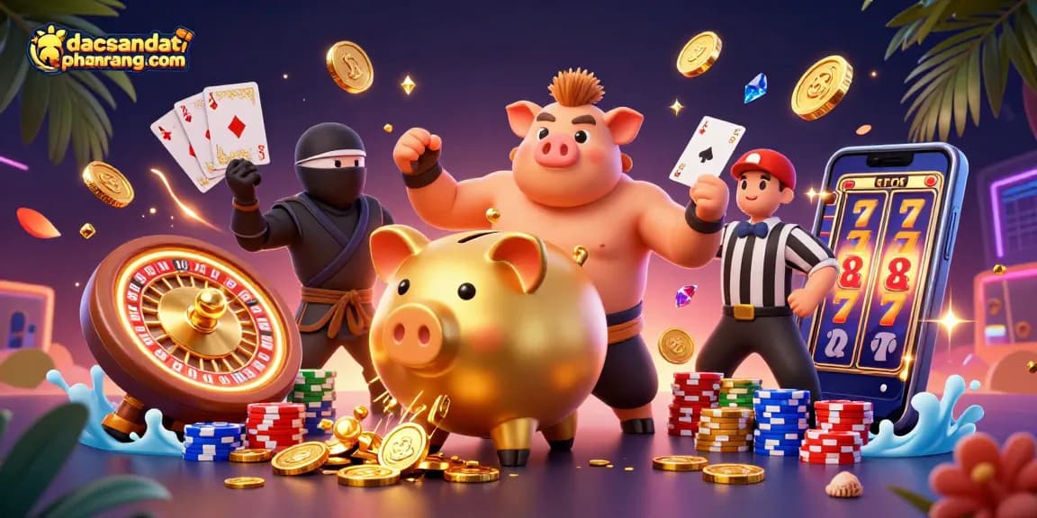 Win big at dacsandatphanrang com with an exciting 3D gambling scene featuring a piggy bank sumo wrestler.