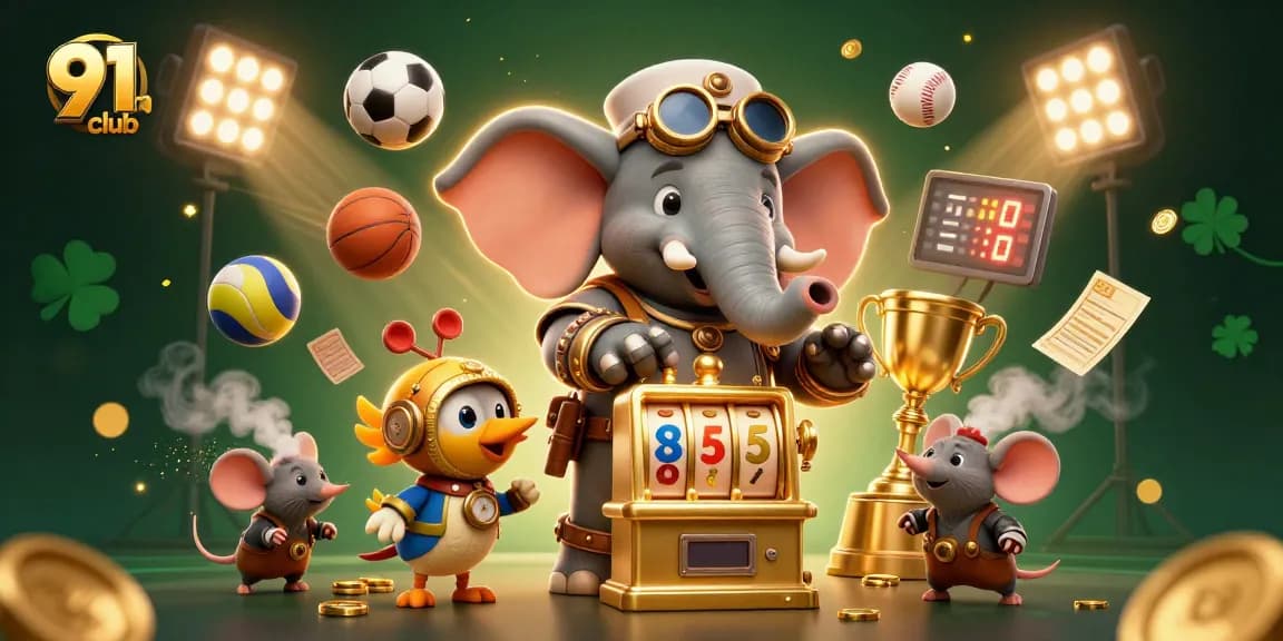 Experience thrilling gameplay with 91club as a steampunk elephant operates a golden slot machine.