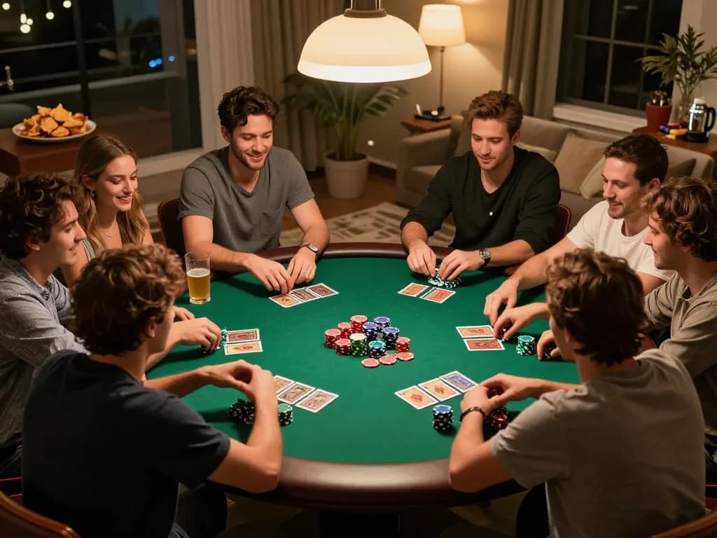 CM88 players enjoying a thrilling poker night surrounded by chips and cards with laughter and strategy.