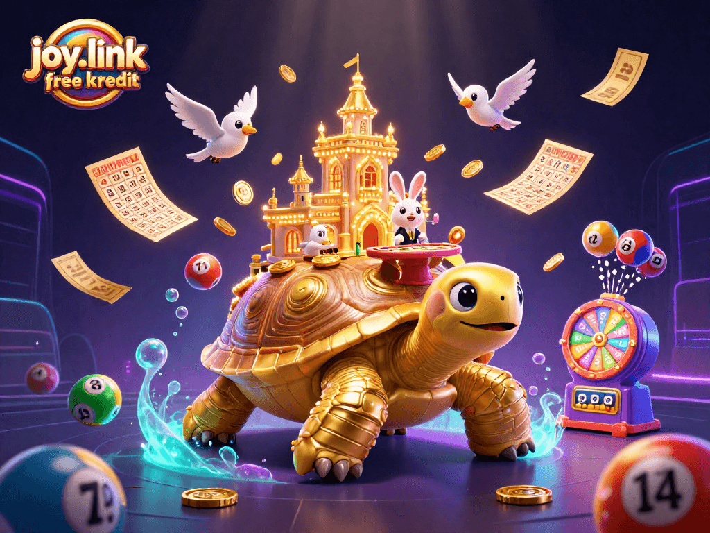 Play games with joy.link free kredit featuring a vibrant 3D illustration of a tortoise casino and dealer.