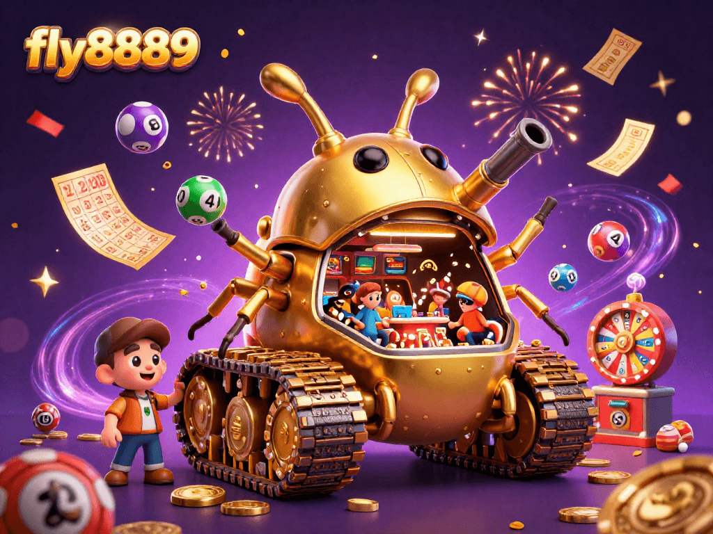 Experience the excitement of fly8889 as a golden beetle tank reveals a miniature casino within a vibrant, dynamic scene.