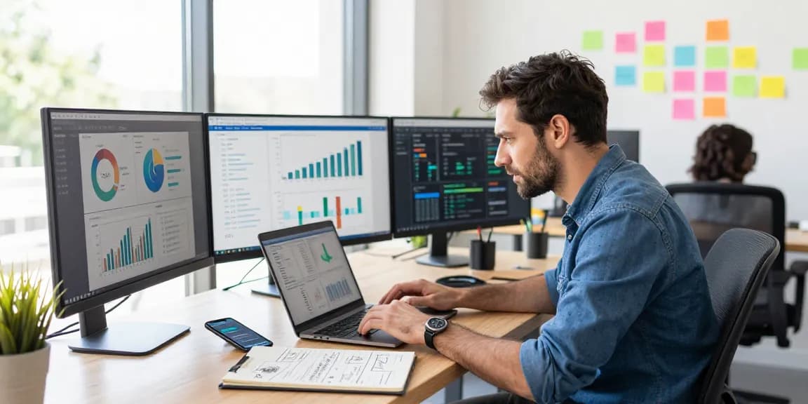 Aktivitas pemasaran digital GEGESLOT dengan pemasar yang menganalisis data di laptop dikelilingi oleh grafik dan notepad ide, di ruang kerja modern.