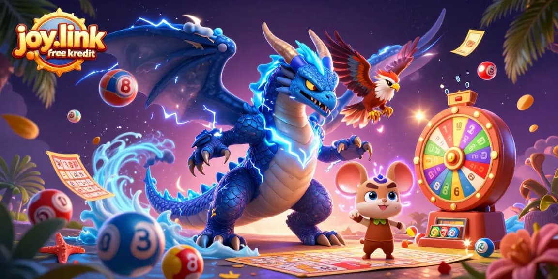 Engage with joy.link free kredit in a vibrant lottery-themed illustration featuring dynamic characters and game elements.