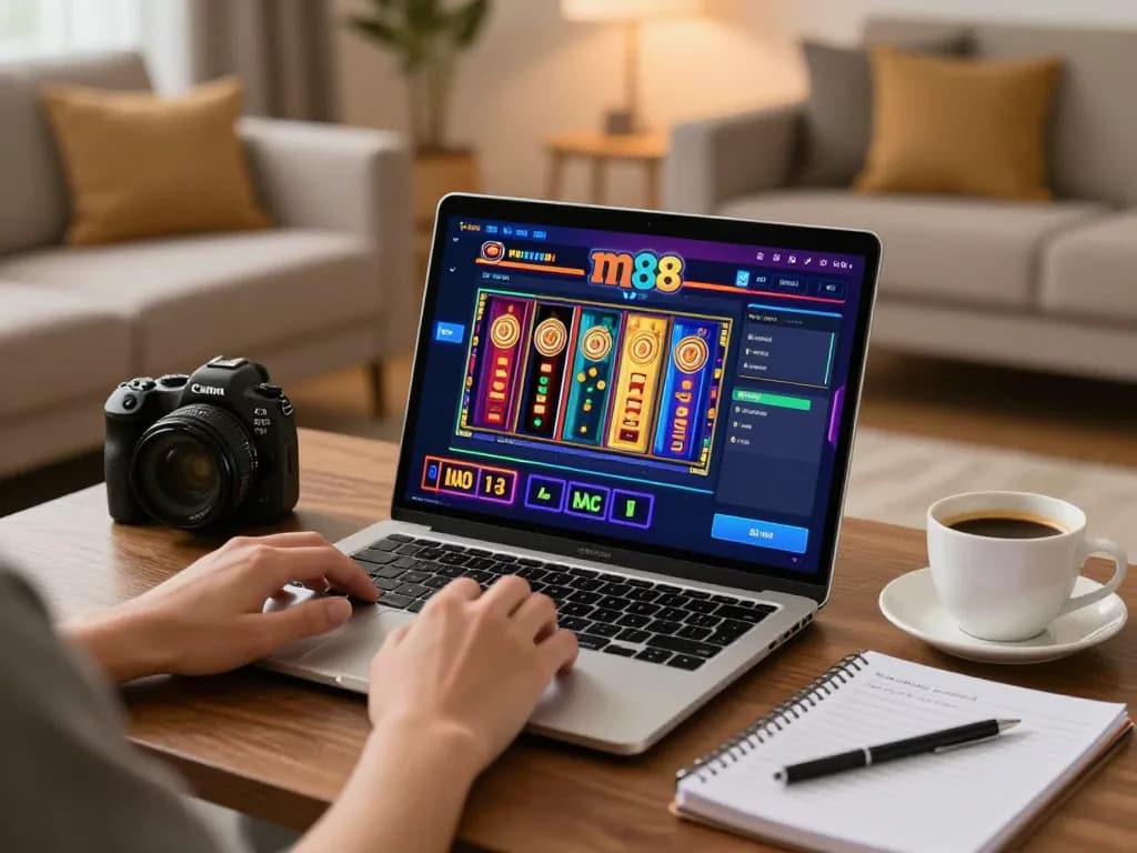 Engaging gameplay on m88 slot in a cozy home setting showcasing vibrant visuals and strategic focus.