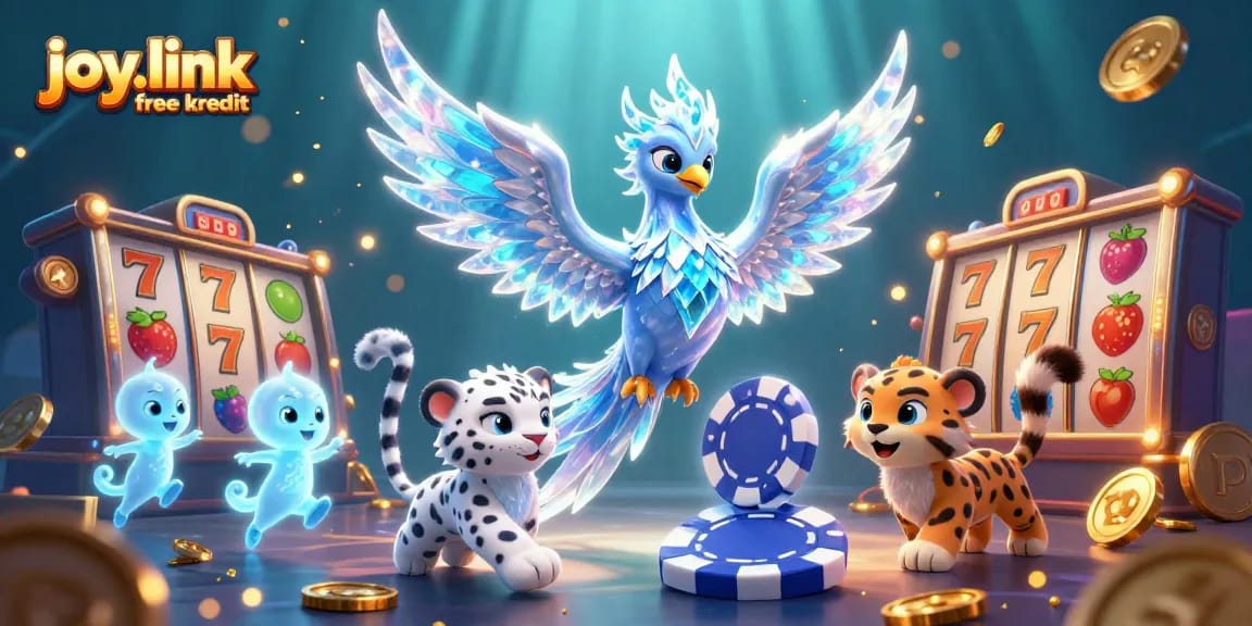 Engage with joy.link free kredit in a vibrant casino world featuring an ice phoenix, poker elements, and slot machines.