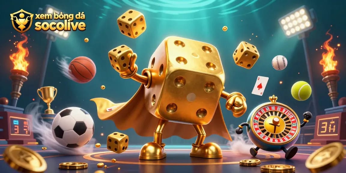 Experience xem bóng đá socolive with dynamic characters juggling golden dice and flying sports balls in this vibrant illustration.