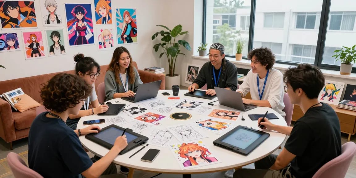 Creators designing stunning ai ecchi characters in a vibrant digital art studio