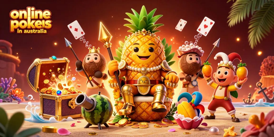 Experience excitement with online pokies in Australia in a vibrant beach casino scene with animated characters.