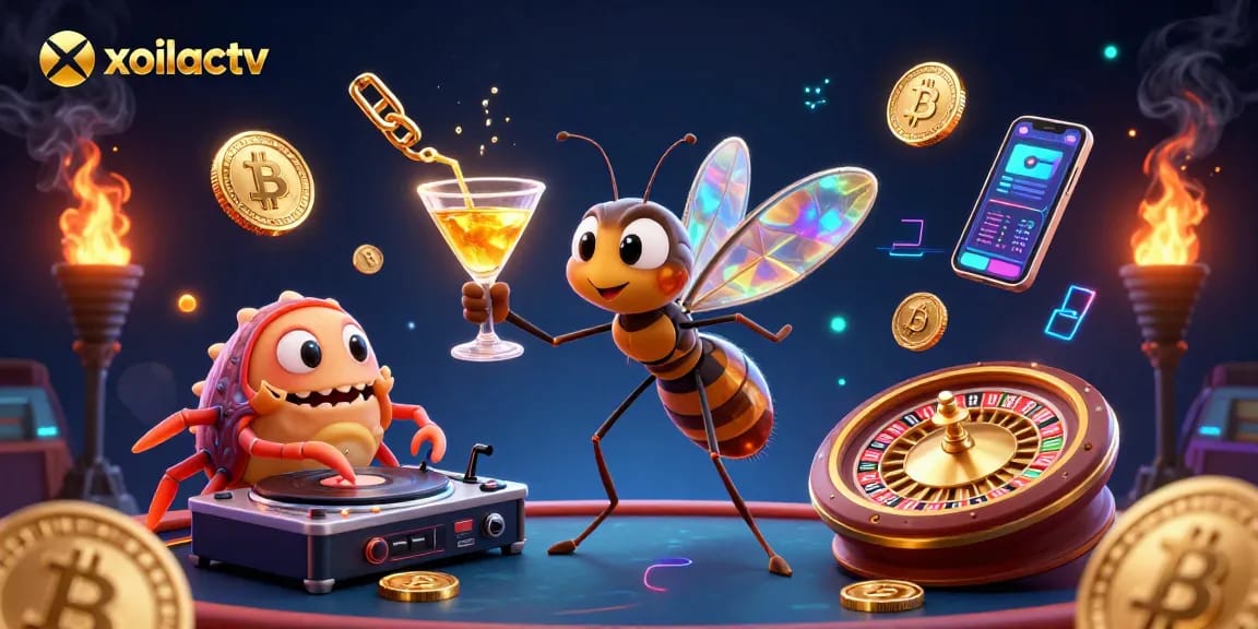 Xoilactv offers an exciting 3D illustration of a frozen mosquito mascot amidst vibrant casino elements and cryptocurrencies.