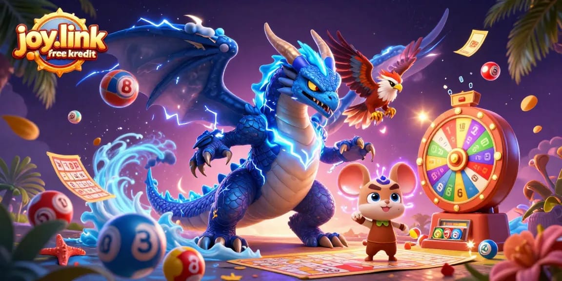 Engage with joy.link free kredit in a vibrant lottery-themed illustration featuring dynamic characters and game elements.