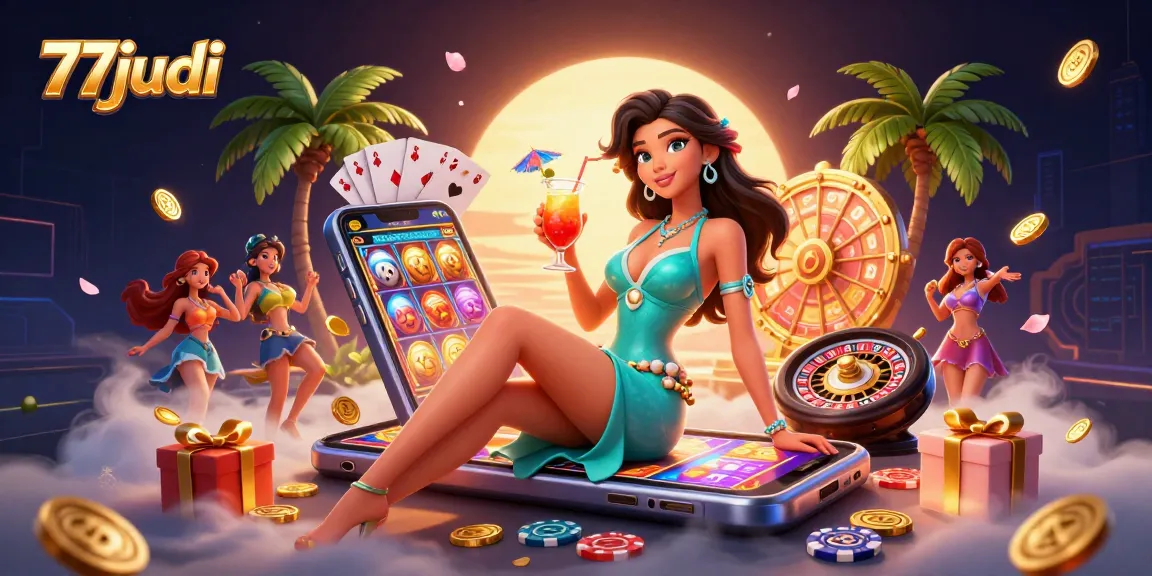 Experience luxury gaming at 77judi with vibrant slots, cocktails, and a tropical casino atmosphere.