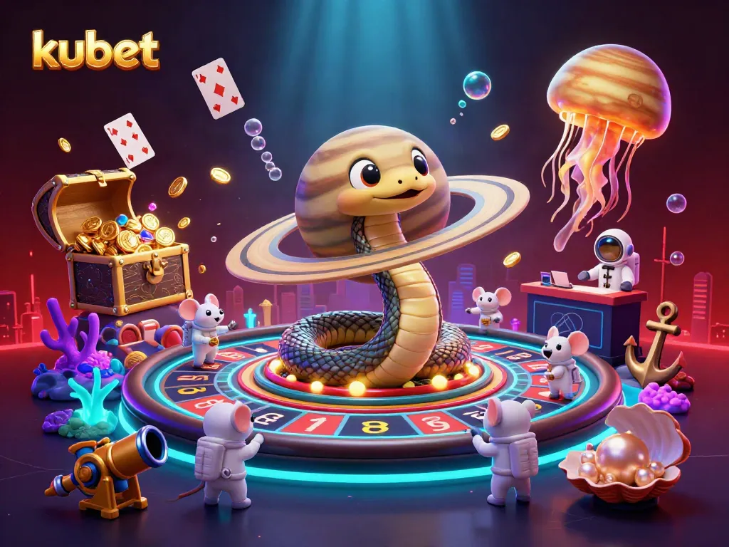 Kubet players engage in exciting bets with a celestial scene of animated characters amidst a vibrant casino atmosphere.