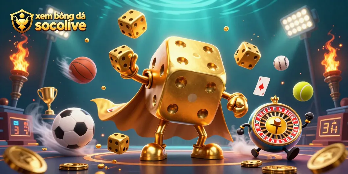 Experience xem bóng đá socolive with dynamic characters juggling golden dice and flying sports balls in this vibrant illustration.