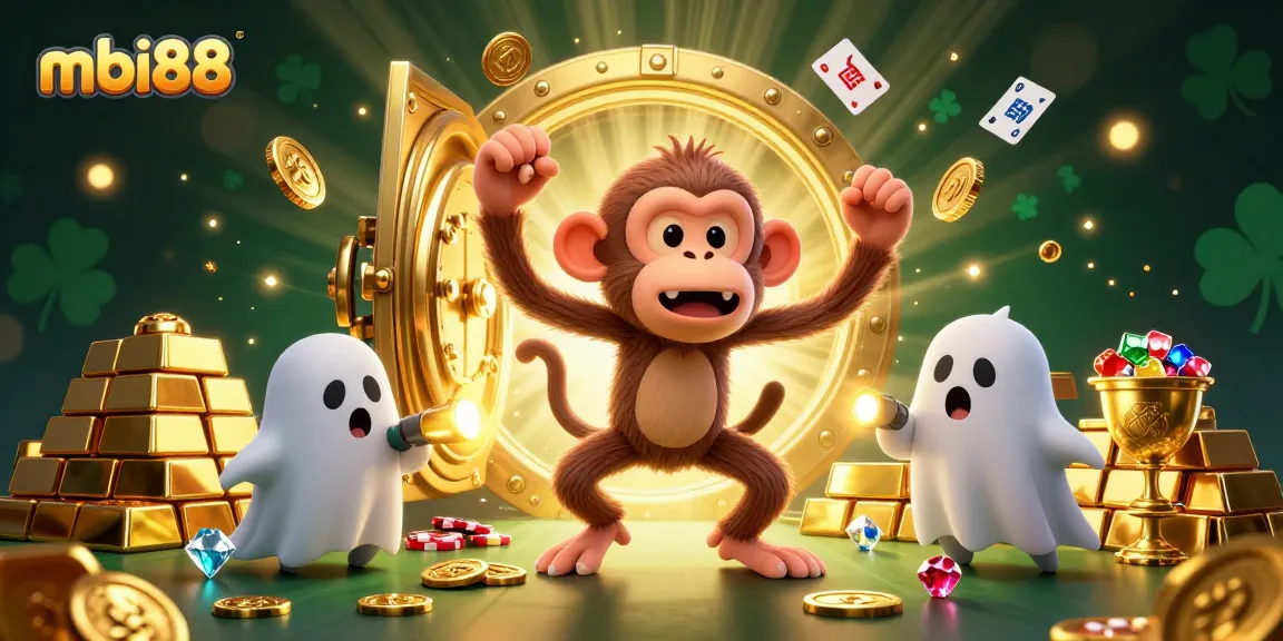 Engage in thrilling gameplay at mbi88 with a lively scene featuring a mischievous poltergeist monkey and a ghost-hunter puppy in a casino
