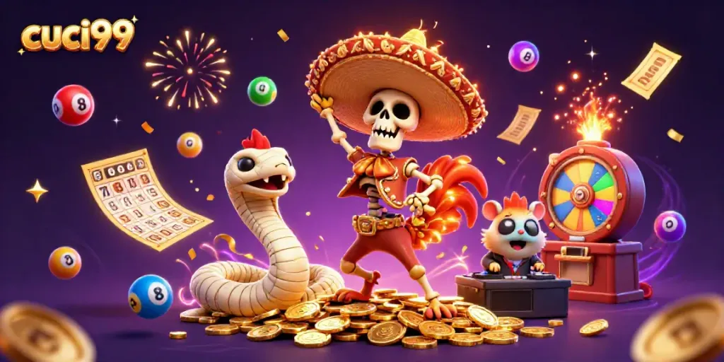 Experience winning moments with cuci99 in a vibrant casino-themed 3D illustration full of action and energy.