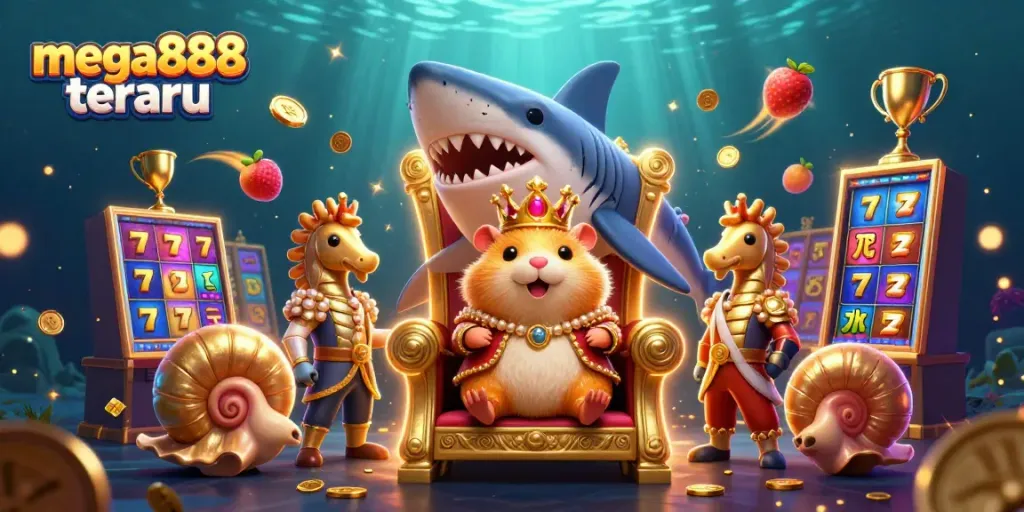 Experience thrilling gaming action with Mega888 terbaru featuring a golden hamster king and vibrant slot elements.