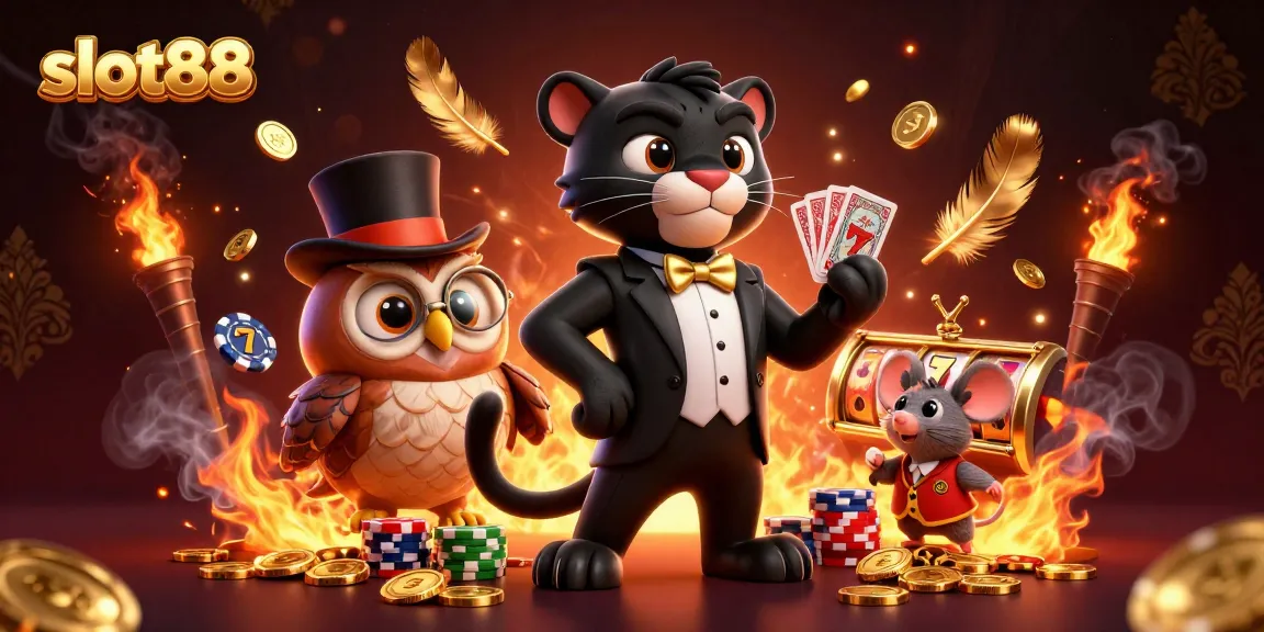 Experience thrilling gaming with slot88 as a stylish panther deals cards amid gold coins and vibrant casino elements.