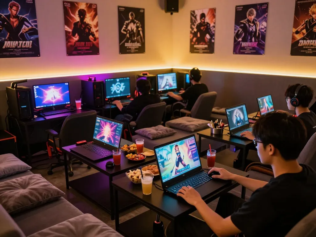 Engaged players enjoying a variety of porno games in a cozy gaming room.