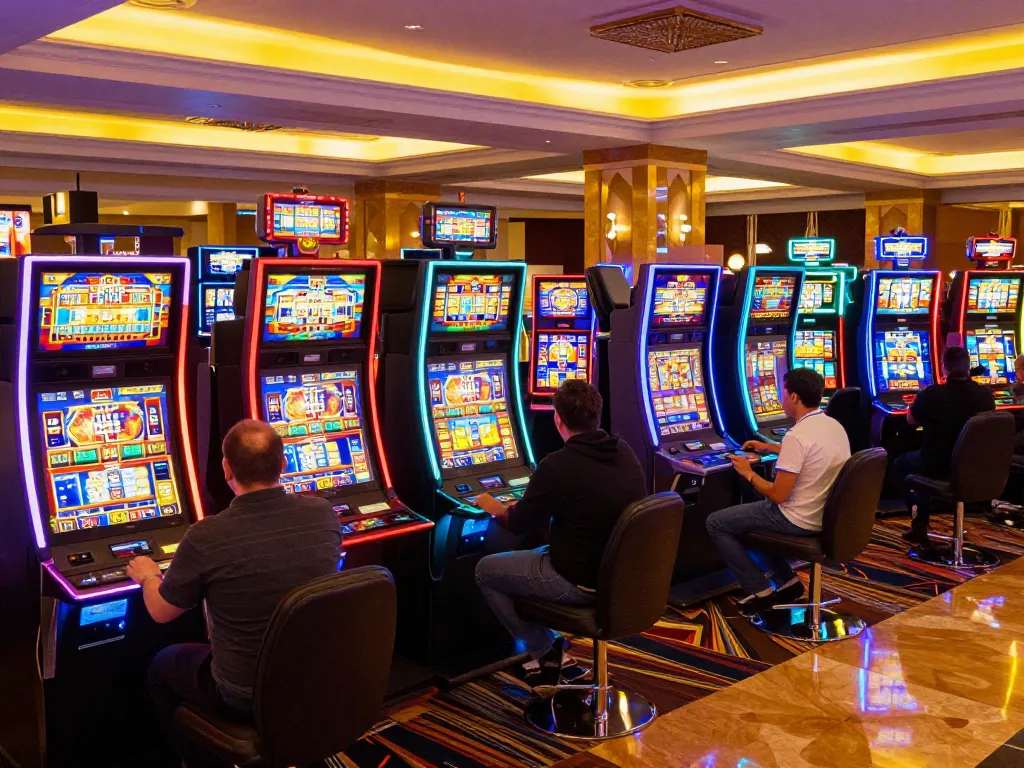 Players enjoying vibrant slot machines at f8betlv casino floor, capturing excitement and engagement in gaming entertainment