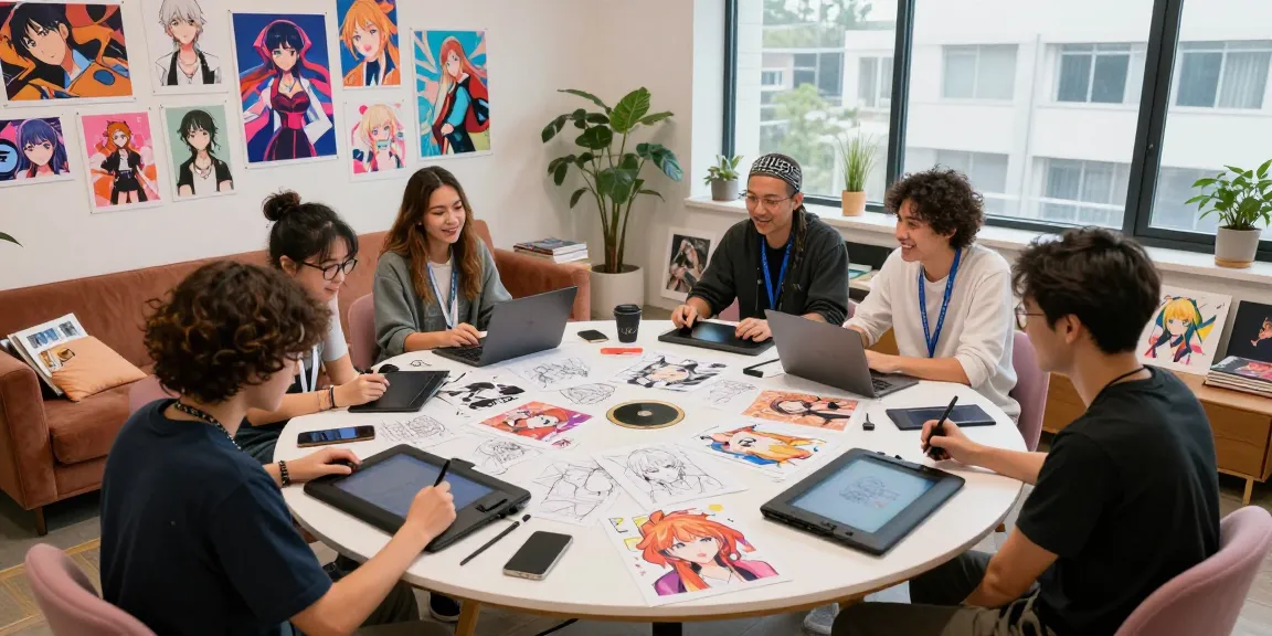 Creators designing stunning ai ecchi characters in a vibrant digital art studio
