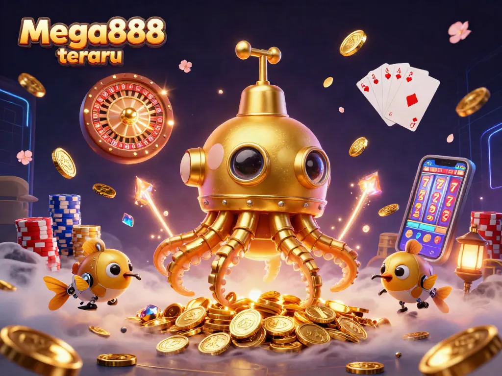 Engage with mega888 terbaru in a vibrant 3D casino scene filled with dynamic game elements and golden treasures.