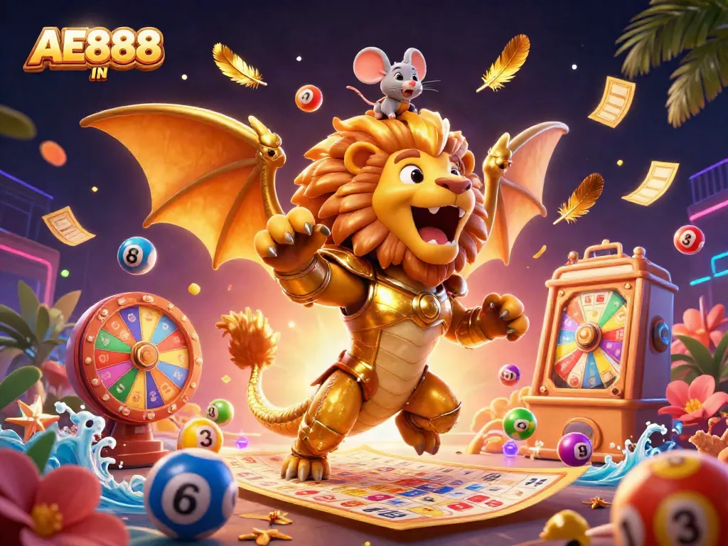 Engage with AE888 IN through a vibrant 3D casino illustration featuring dynamic lottery elements and a triumphant chimera.