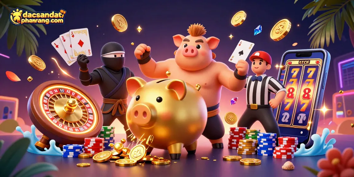 Win big at dacsandatphanrang com with an exciting 3D gambling scene featuring a piggy bank sumo wrestler.