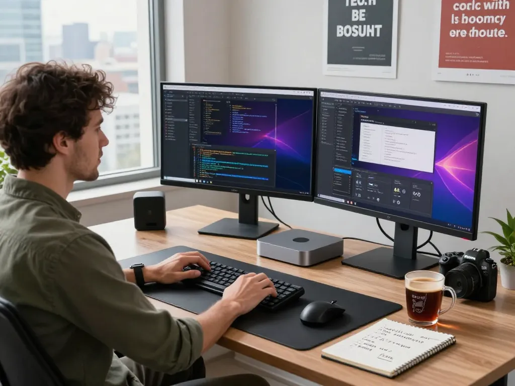 Developer's workspace featuring a mac mini, dual monitors, and coffee, creating an inspiring tech atmosphere.