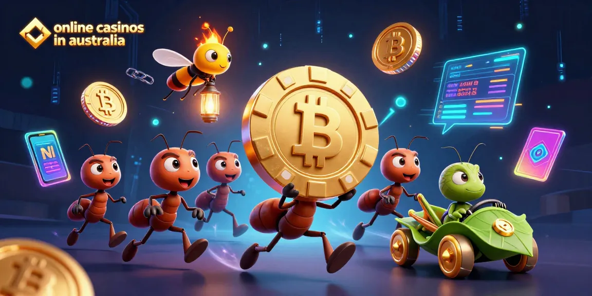 Engage with online casinos in australia through this vibrant heist scene featuring cartoon ants, a grasshopper driver, and glowing cryptocurrency elements.