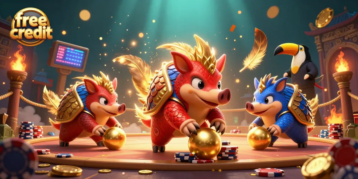 Experience free credit action as colorful pangolins roll golden balls through poker chips in a vibrant casino.