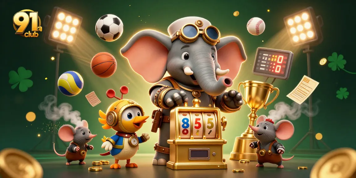 Experience thrilling gameplay with 91club as a steampunk elephant operates a golden slot machine.