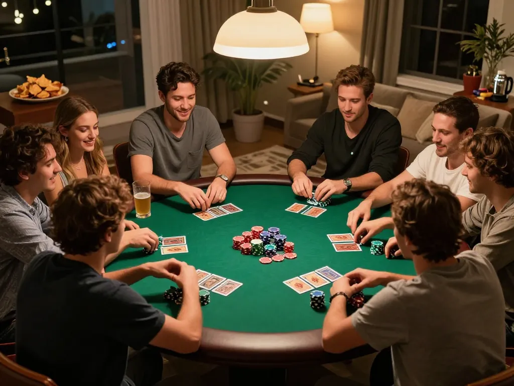 CM88 players enjoying a thrilling poker night surrounded by chips and cards with laughter and strategy.