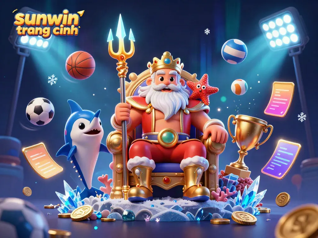 Engage in exciting gaming at sunwin trang chính with a vibrant 3D illustration of Neptune and sports elements.