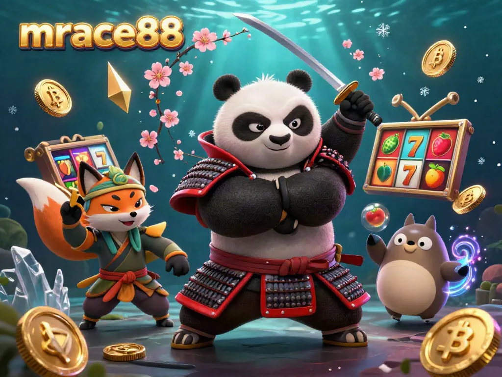 Spin the reels at mrace88, featuring samurai panda and ninja fox amidst jackpot excitement.