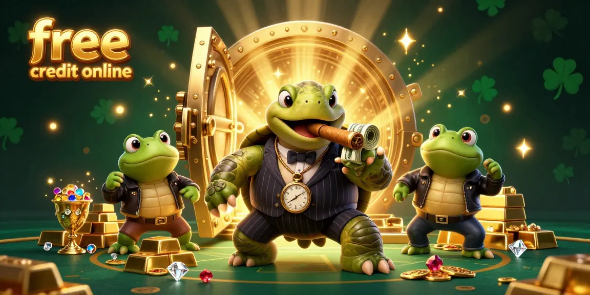 Claim free credit online with vibrant 3D cartoon characters celebrating casino riches.