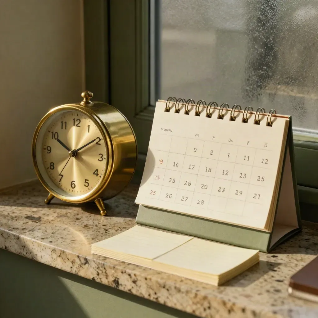 Jam meja gangsa, kubus kalendar kosong dan kad peringatan terbalik di ruang kerja hangat.