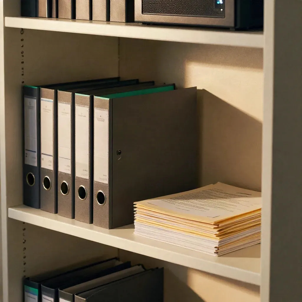 Rak pematuhan SaaS dengan binder, sampul tertutup dan kotak arkib di bilik server
