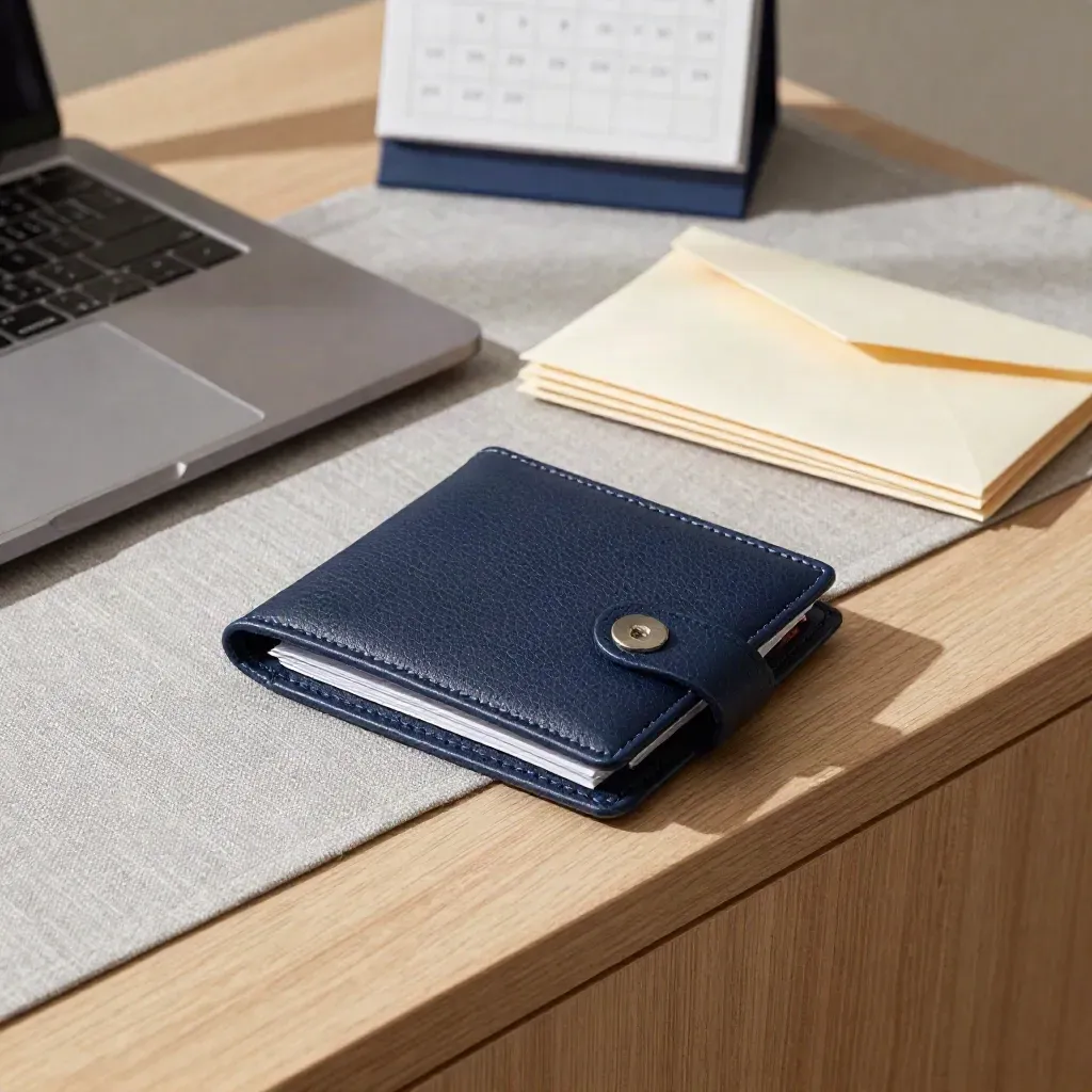 Sudut fail cukai freelancer dengan laptop tertutup, dompet resit, sampul dan kalendar kecil.