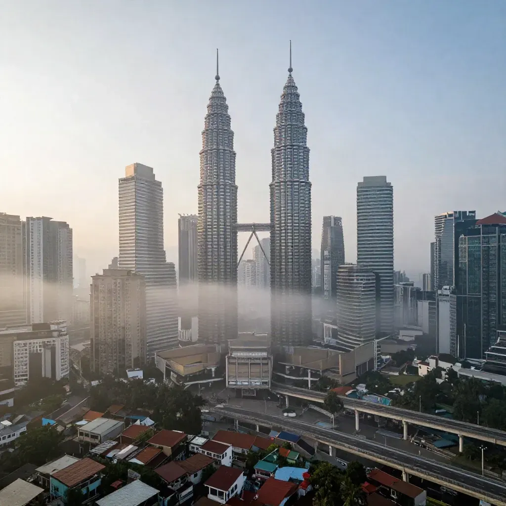Pemandangan udara Lembah Klang berkabus dengan Menara Berkembar tinggi di langit pagi.