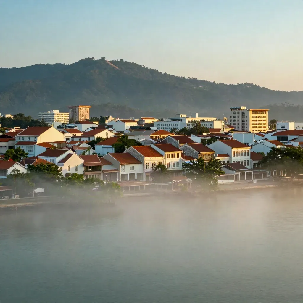 Pemandangan Pulau Pinang dengan bumbung George Town dan Bukit Bendera diselubungi kabus senja.