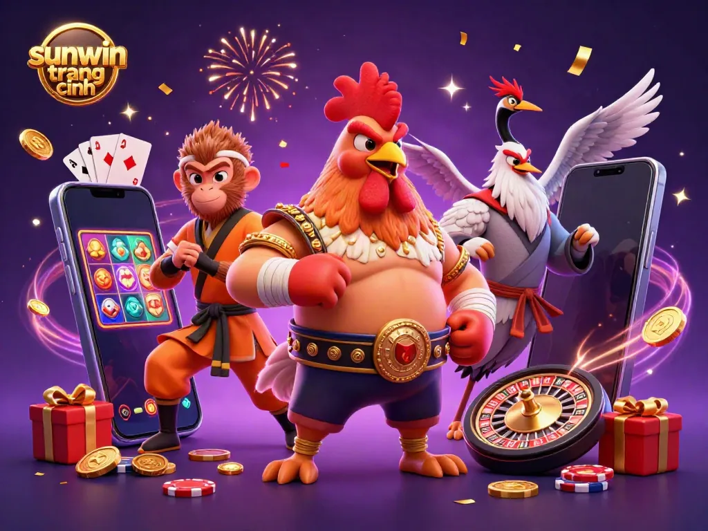 Experience thrilling gameplay with sunwin trang chính as characters celebrate around a vibrant casino scene.