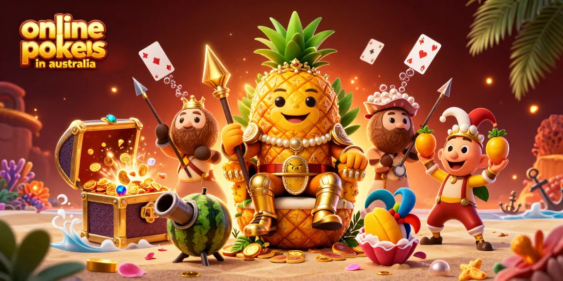 Experience excitement with online pokies in Australia in a vibrant beach casino scene with animated characters.