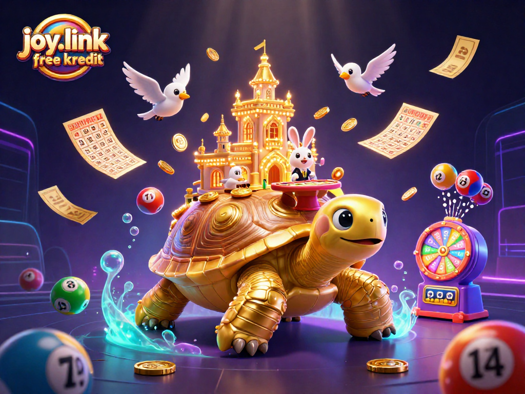 Play games with joy.link free kredit featuring a vibrant 3D illustration of a tortoise casino and dealer.