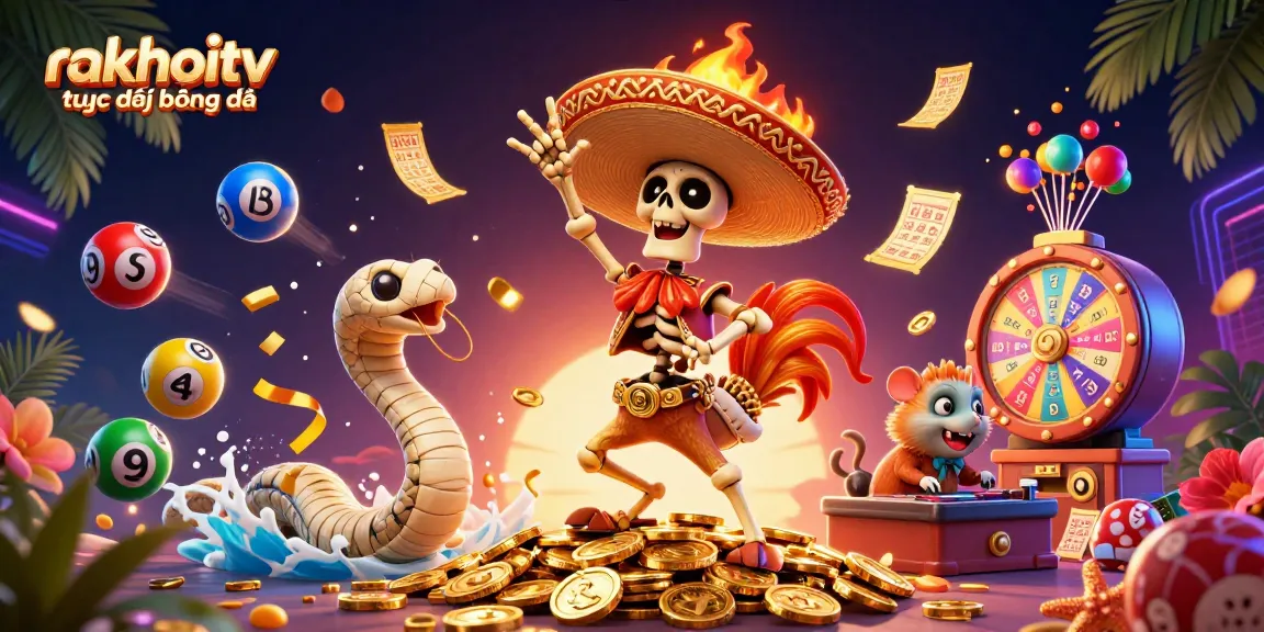 Experience rakhoitv trực tiếp bóng đá with a vibrant, energetic illustration featuring a mariachi rooster, mummy snake, and hamster DJ amidst festive elements.