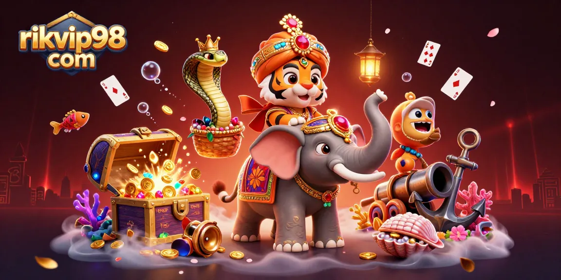 Win big with rikvip98 com in this vibrant casino-themed scene featuring a tiger, elephant, and treasure!
