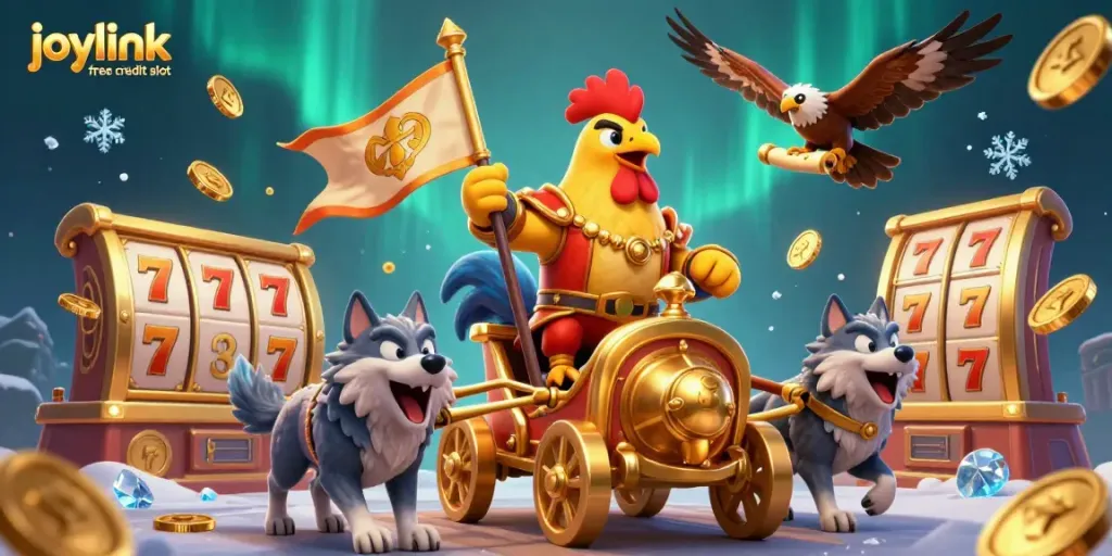 Engage in thrilling gameplay with joylink free credit slot amidst golden characters and vibrant casino elements.