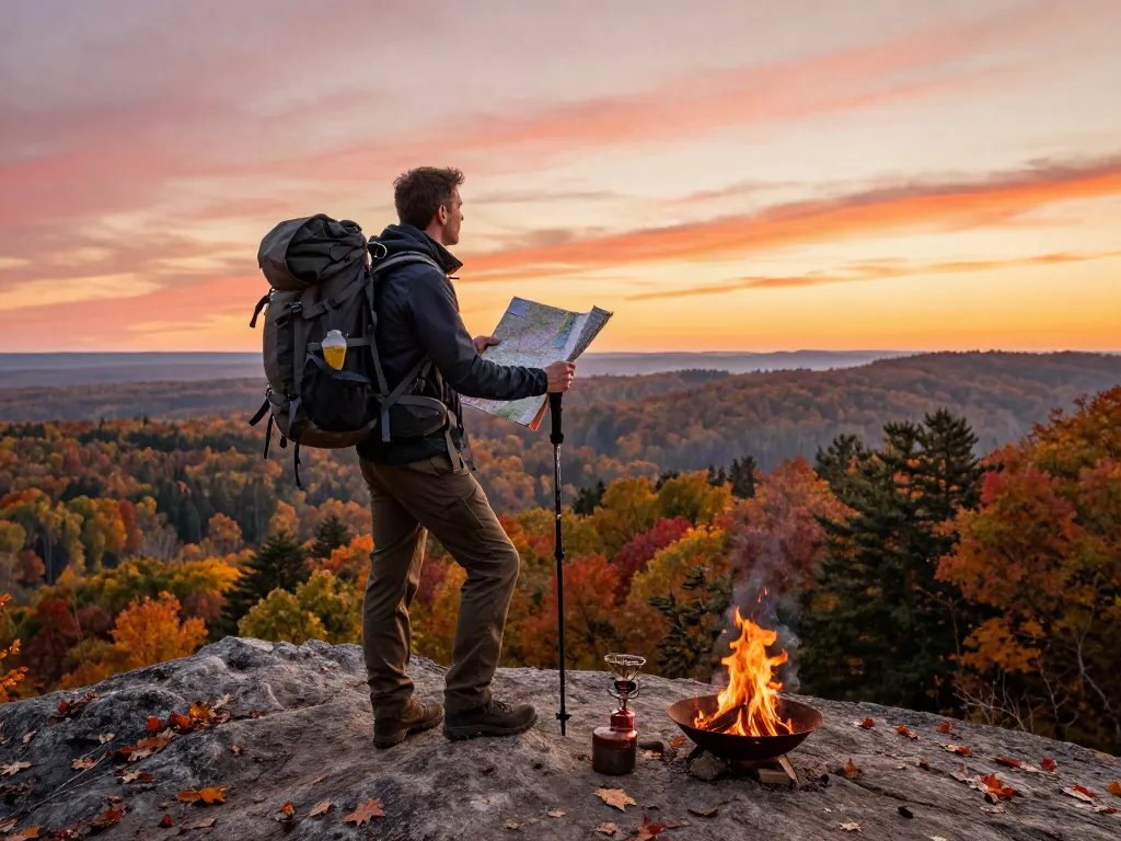Adventurer exploring nature with camping gear from rokok88, scenic forest view at sunset.