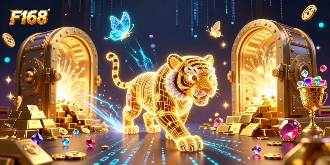 Experience thrilling wins at F168 with an energetic golden tiger amidst sparkling casino elements.