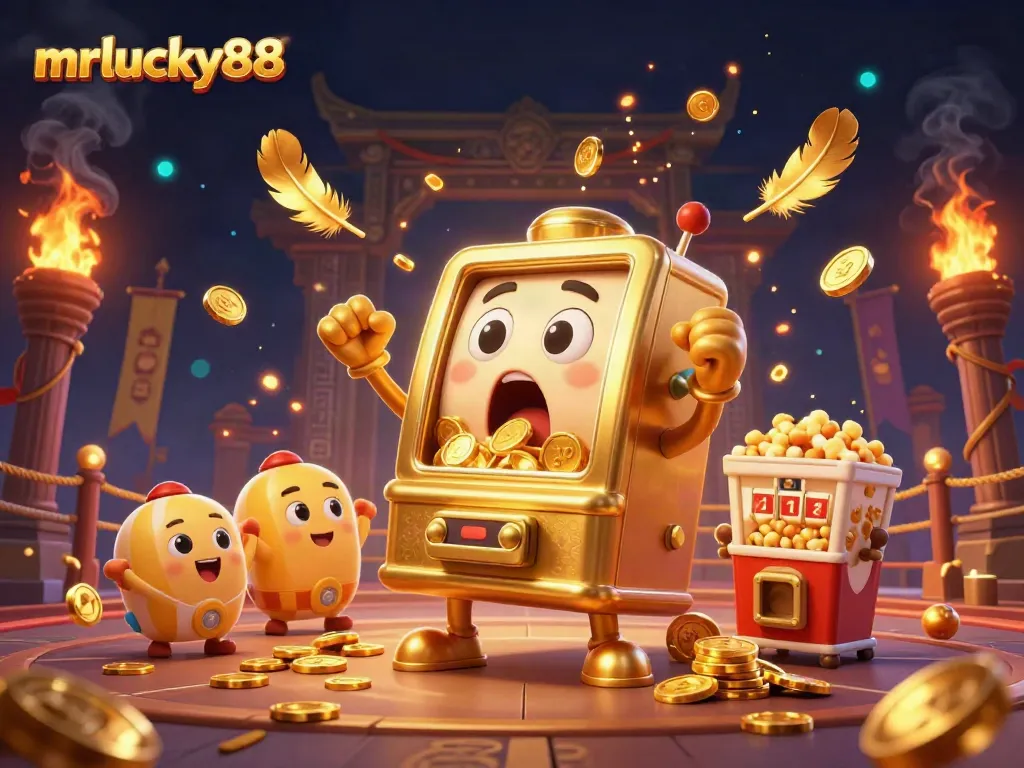 Experience thrilling wins at mrlucky88 with our golden slot machine hitting the jackpot, amidst dynamic casino scenes.