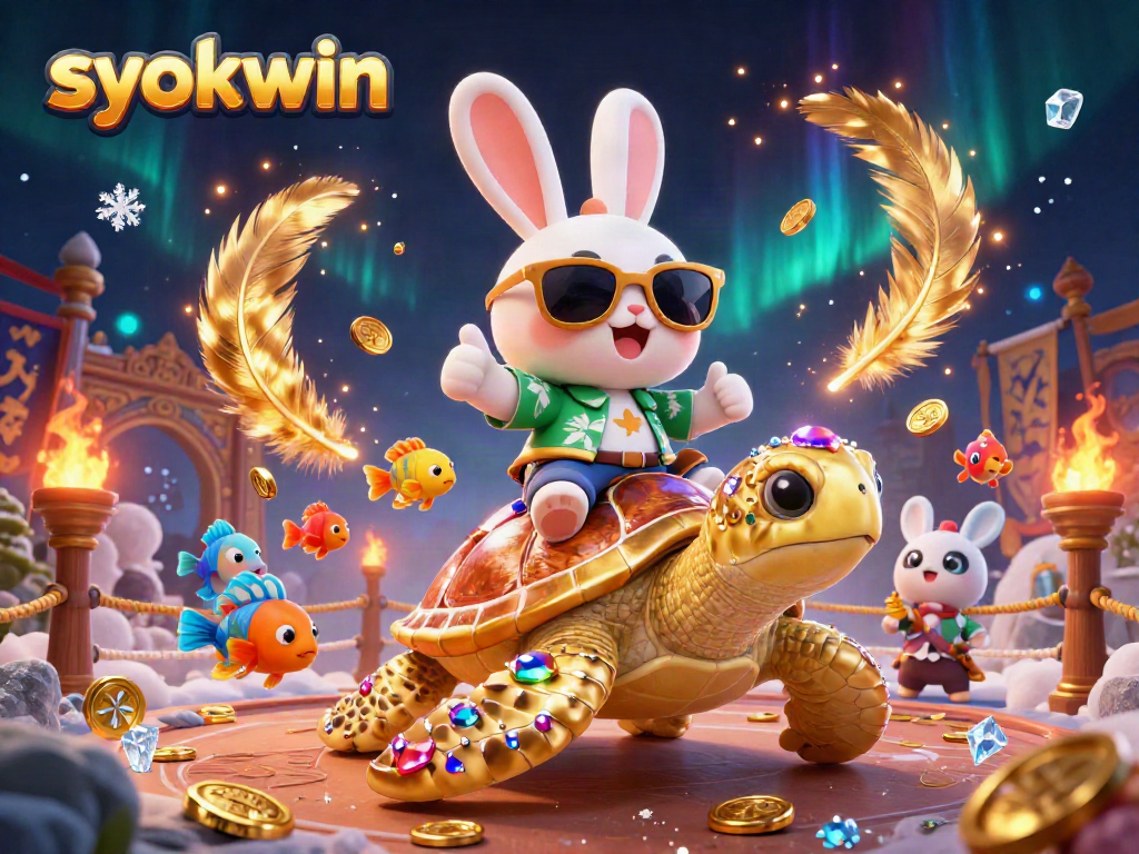 Spin to win on syokwin with a lucky rabbit and golden turtle in a vibrant casino scene.